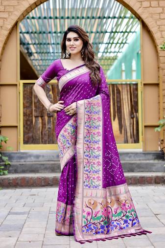 Purple Bandhani Style silk bland Golden zari border sareee with Blouse