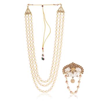   groom sherwani necklace moti mala layered for wedding | groom mala with brooch set 2