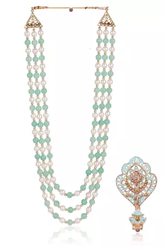   groom sherwani necklace moti mala layered for wedding | groom mala with brooch set