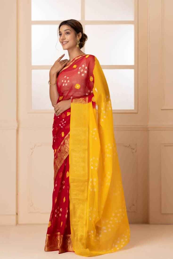 Yellow & Red Zari Bandhani Saree