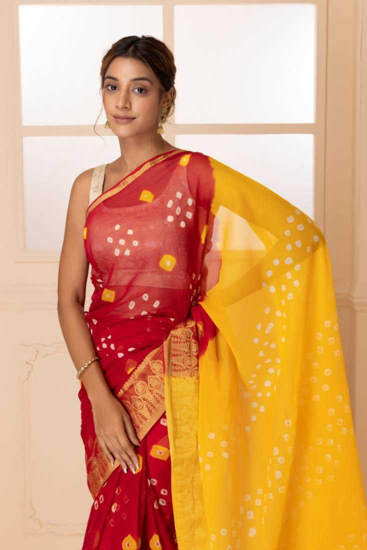 Yellow & Red Zari Bandhani Saree