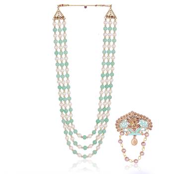   groom sherwani necklace moti mala layered for wedding | groom mala with brooch set 2