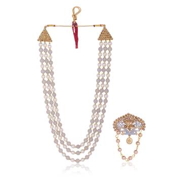   groom sherwani necklace moti mala layered for wedding | groom mala with brooch set 2