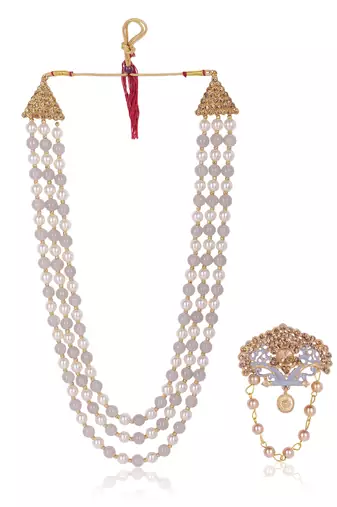   groom sherwani necklace moti mala layered for wedding | groom mala with brooch set