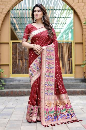 Red Bandhani Style silk bland Golden zari border sareee with Blouse