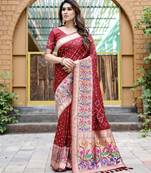 Red Bandhani Style silk bland Golden zari border sareee with Blouse