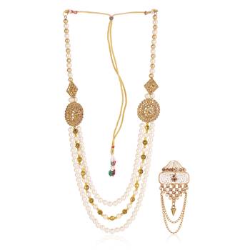   groom sherwani necklace moti mala layered for wedding | groom mala with brooch set 2