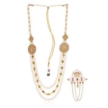   groom sherwani necklace moti mala layered for wedding | groom mala with brooch set 1