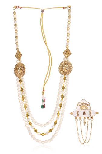   groom sherwani necklace moti mala layered for wedding | groom mala with brooch set