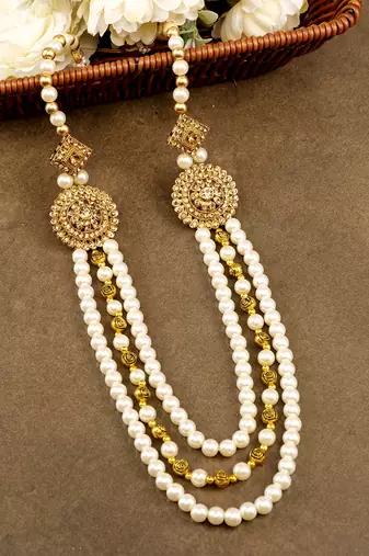   groom sherwani necklace moti mala layered for wedding | groom mala with brooch set