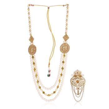   groom sherwani necklace moti mala layered for wedding | groom mala with brooch set 2