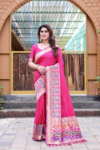 Pink Bandhani Style silk bland Golden zari border sareee with Blouse
