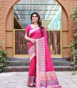 Pink Bandhani Style silk bland Golden zari border sareee with Blouse