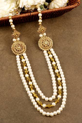   groom sherwani necklace moti mala layered for wedding | groom mala with brooch set
