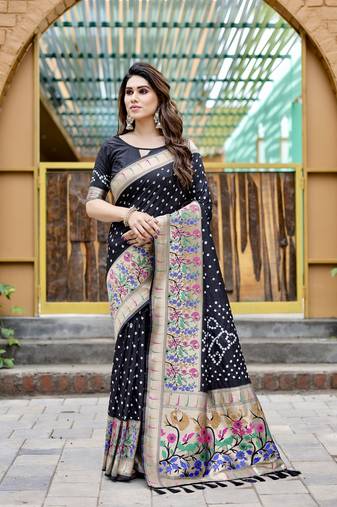 Black Bandhani Style silk bland Golden zari border sareee with Blouse