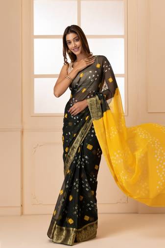 Yellow & Black Bandhani Zari Bandhani Saree