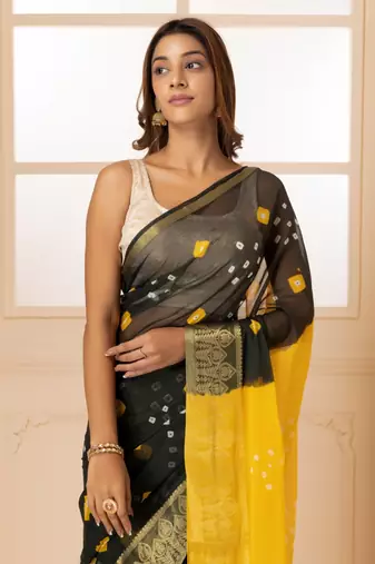 Yellow & Black Bandhani Zari Bandhani Saree