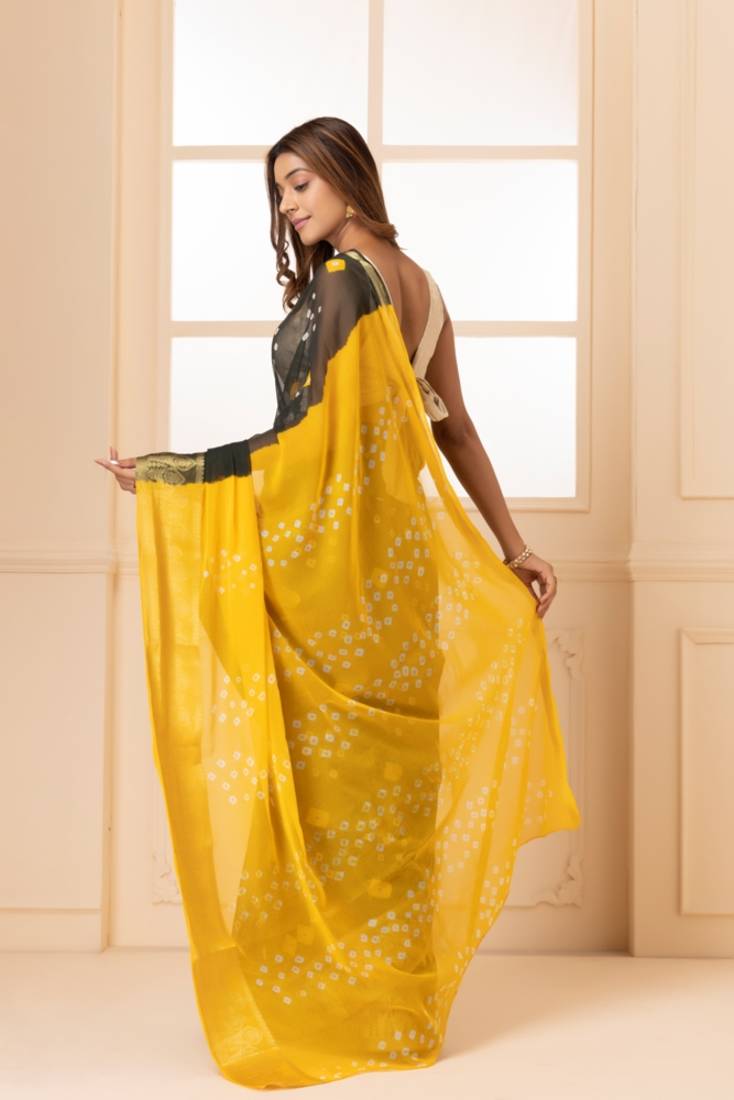 Yellow & Black Bandhani Zari Bandhani Saree