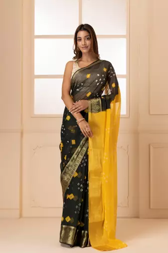 Yellow & Black Bandhani Zari Bandhani Saree