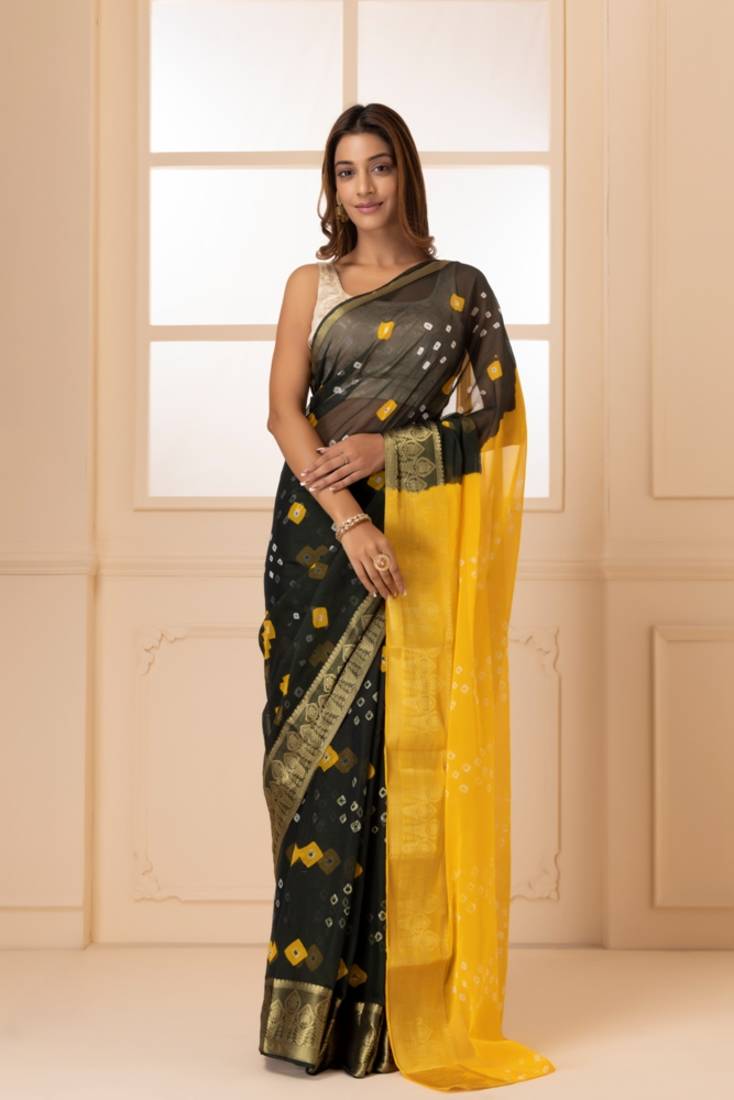Yellow & Black Bandhani Zari Bandhani Saree
