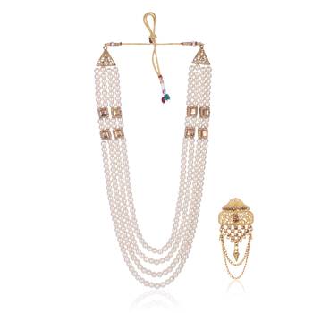   groom sherwani necklace moti mala layered for wedding | groom mala with brooch set 2