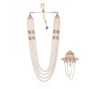   groom sherwani necklace moti mala layered for wedding | groom mala with brooch set 2