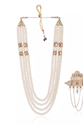   groom sherwani necklace moti mala layered for wedding | groom mala with brooch set