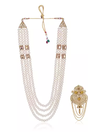   groom sherwani necklace moti mala layered for wedding | groom mala with brooch set