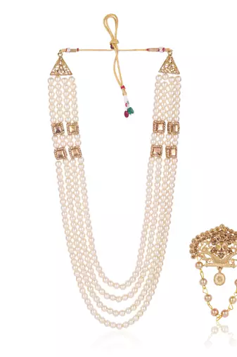   groom sherwani necklace moti mala layered for wedding | groom mala with brooch set