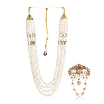   groom sherwani necklace moti mala layered for wedding | groom mala with brooch set 2