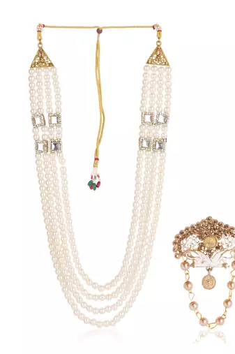   groom sherwani necklace moti mala layered for wedding | groom mala with brooch set