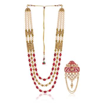   groom sherwani necklace moti mala layered for wedding | groom mala with brooch set 2