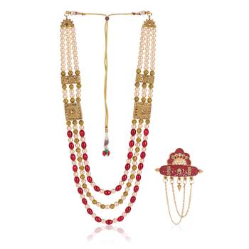   groom sherwani necklace moti mala layered for wedding | groom mala with brooch set 2