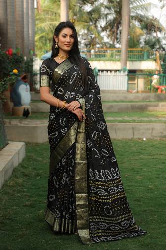 Women Black Bandhej Silk And Zari Weaving Rich Pallu Saree With Blouse For Women