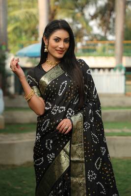 Women Black Bandhej Silk And Zari Weaving Rich Pallu Saree With Blouse For Women 2