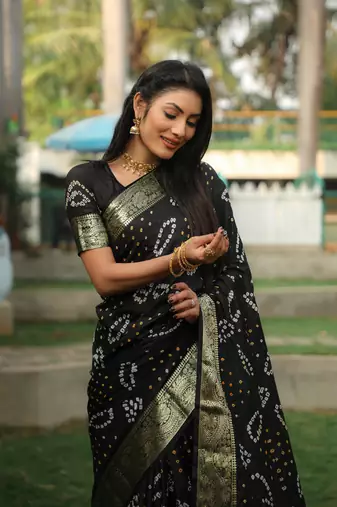 Women Black Bandhej Silk And Zari Weaving Rich Pallu Saree With Blouse For Women