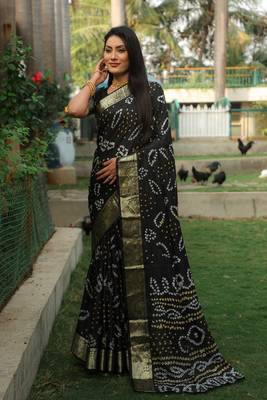Women Black Bandhej Silk And Zari Weaving Rich Pallu Saree With Blouse For Women 5