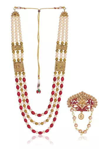   groom sherwani necklace moti mala layered for wedding | groom mala with brooch set