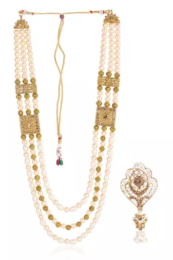   groom sherwani necklace moti mala layered for wedding | groom mala with brooch set