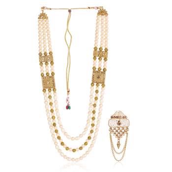   groom sherwani necklace moti mala layered for wedding | groom mala with brooch set 2