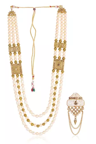   groom sherwani necklace moti mala layered for wedding | groom mala with brooch set