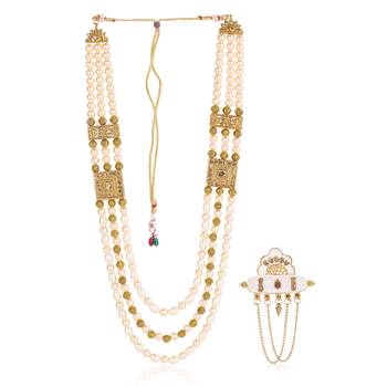   groom sherwani necklace moti mala layered for wedding | groom mala with brooch set 2