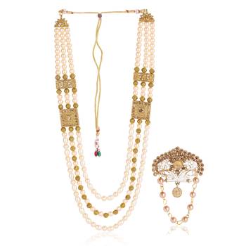   groom sherwani necklace moti mala layered for wedding | groom mala with brooch set 2