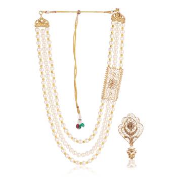   groom sherwani necklace moti mala layered for wedding | groom mala with brooch set 2