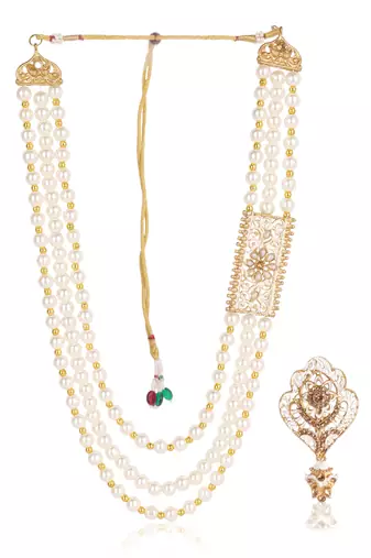   groom sherwani necklace moti mala layered for wedding | groom mala with brooch set