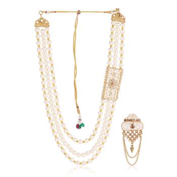   groom sherwani necklace moti mala layered for wedding | groom mala with brooch set 2