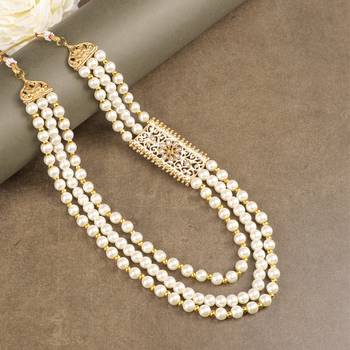   groom sherwani necklace moti mala layered for wedding | groom mala with brooch set 1