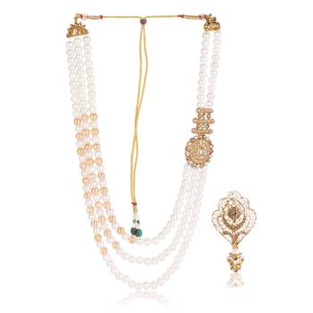   groom sherwani necklace moti mala layered for wedding | groom mala with brooch set 2
