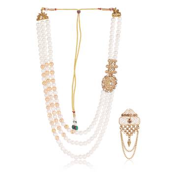   groom sherwani necklace moti mala layered for wedding | groom mala with brooch set 2