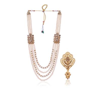   groom sherwani necklace moti mala layered for wedding | groom mala with brooch set 2